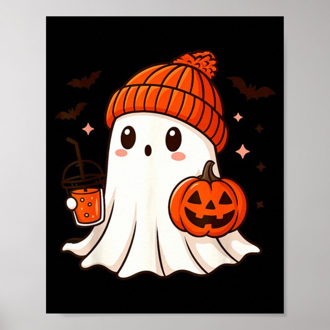Cute Ghost with Beanie Holding Pumpkin Coffee Poster (Front)