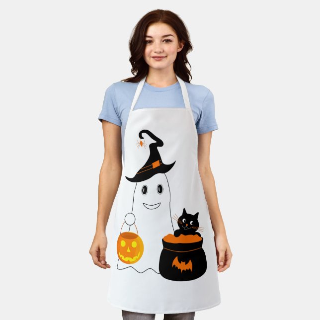 Cute ghost with black cat celebrate halloween apron (Worn)