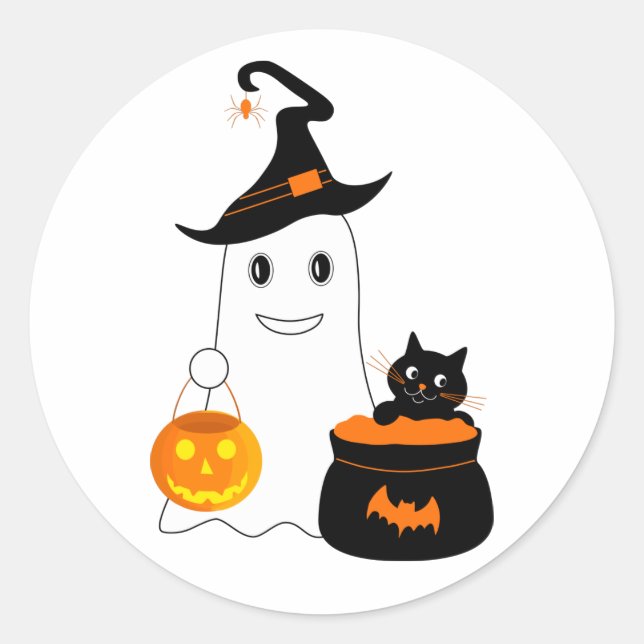 Cute ghost with black cat celebrate halloween classic round sticker (Front)