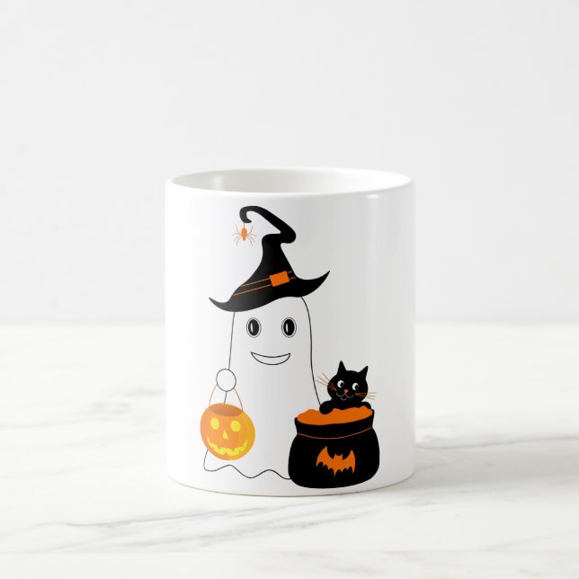 Cute ghost with black cat celebrate halloween coffee mug (Center)