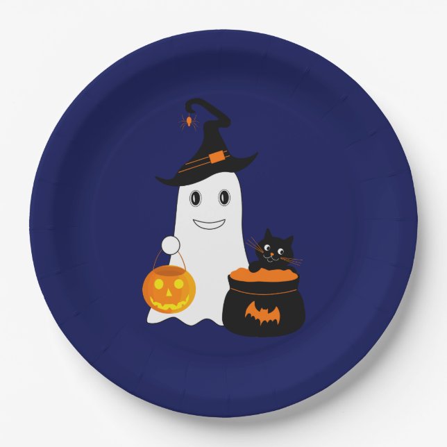 Cute ghost with black cat celebrate halloween paper plate (Front)