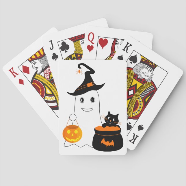Cute ghost with black cat celebrate halloween playing cards (Back)