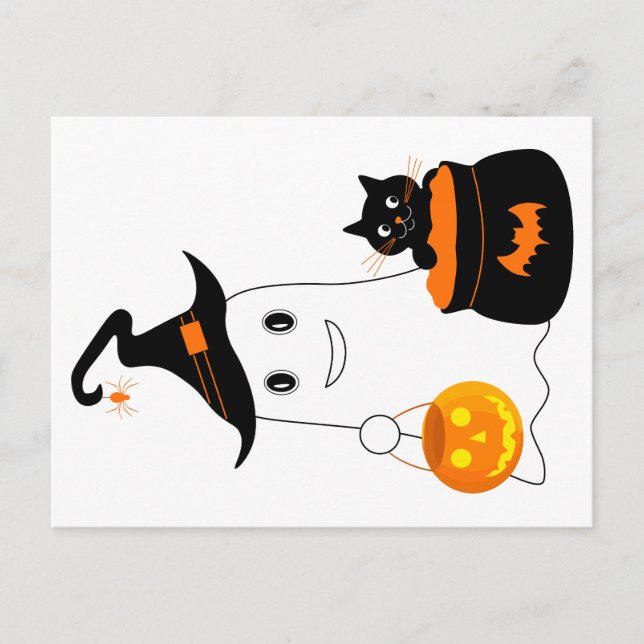 Cute ghost with black cat celebrate halloween postcard (Front)