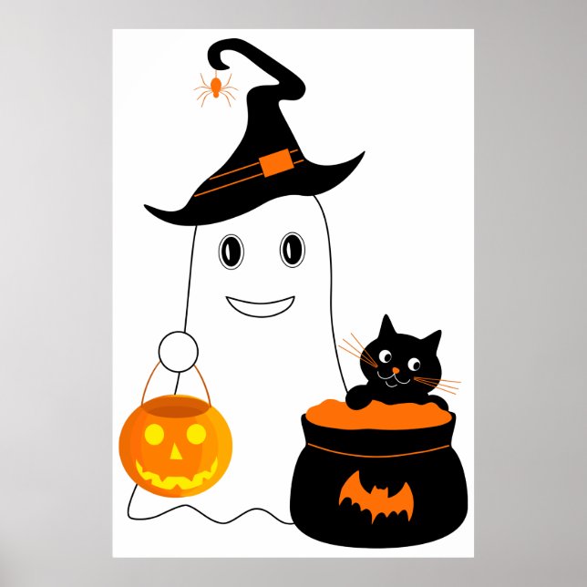 Cute ghost with black cat celebrate halloween poster (Front)