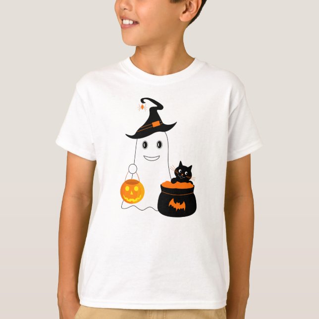 Cute ghost with black cat celebrate halloween T-Shirt (Front)