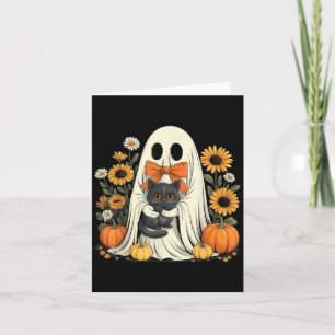 Cute Ghost With Black Cat Halloween Pumpkin Card