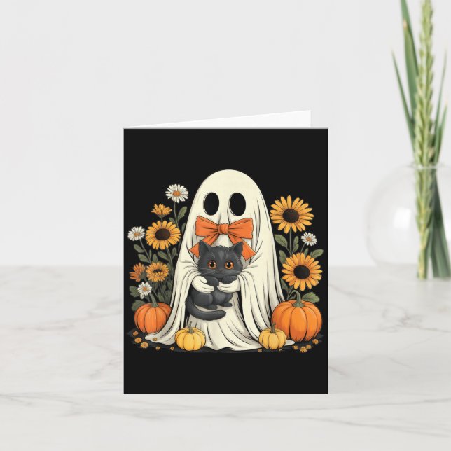 Cute Ghost With Black Cat Halloween Pumpkin Card (Front)