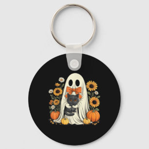 Cute Ghost With Black Cat Halloween Pumpkin Key Ring