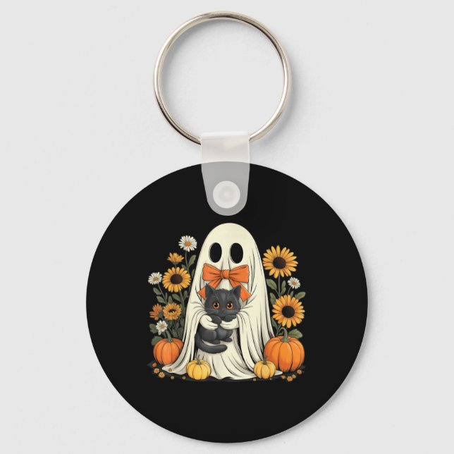 Cute Ghost With Black Cat Halloween Pumpkin Key Ring (Front)