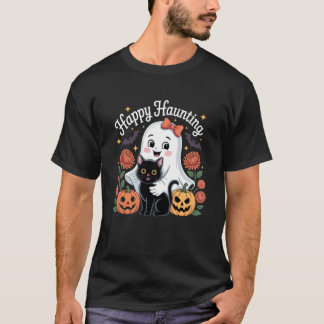 Cute Ghost with Black Cat Pumpkin Autumn Spooky Ha T-Shirt
