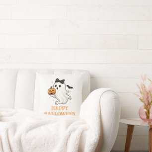 Cute Ghost with Bow and Pumpkin Halloween Cushion
