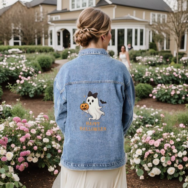 Cute Ghost with Bow and Pumpkin | Halloween  Denim Jacket (Wedding Back)