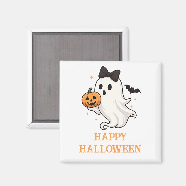 Cute Ghost with Bow and Pumpkin | Halloween  Magnet (Front/Back)