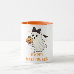 Cute Ghost with Bow and Pumpkin   Halloween  Mug