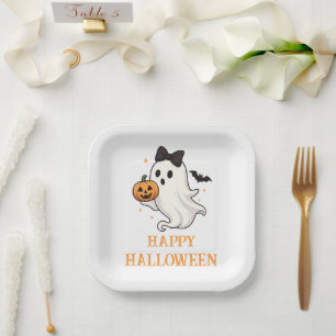 Cute Ghost with Bow and Pumpkin   Halloween  Paper Plate
