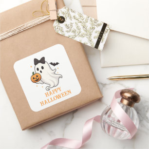 Cute Ghost with Bow and Pumpkin Halloween Square Sticker