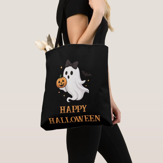 Cute Ghost with Bow and Pumpkin | Halloween  Tote Bag (Close Up)