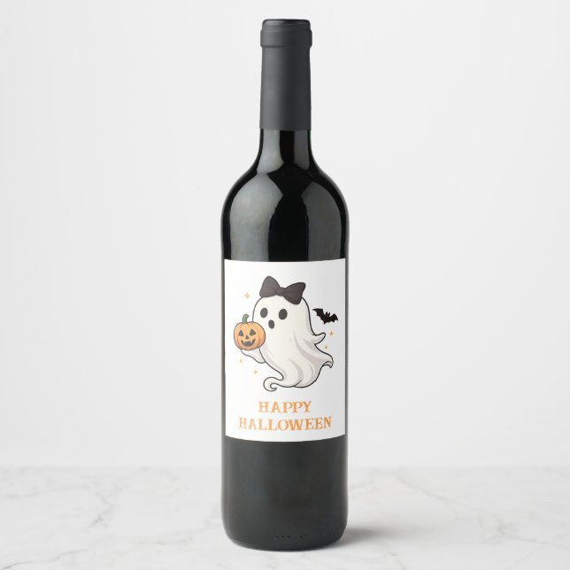 Cute Ghost with Bow and Pumpkin | Halloween  Wine Label (Front)