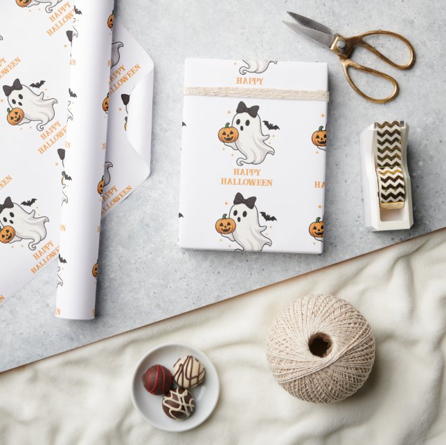 Cute Ghost with Bow and Pumpkin | Halloween  Wrapping Paper (Crafts)