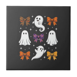 Cute Ghost with Bows Halloween Design_1 Ceramic Tile