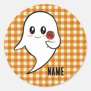 Cute ghost with candied apple classic round sticker