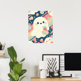 Cute Ghost with Candy Bag in Pastel Colour Style Poster