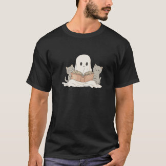 Cute Ghost with Cats Reading a Book Cat Lover Book T-Shirt