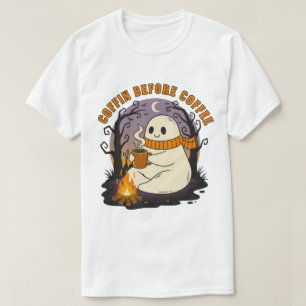 Cute Ghost With Coffee by Campfire Halloween T-Shirt