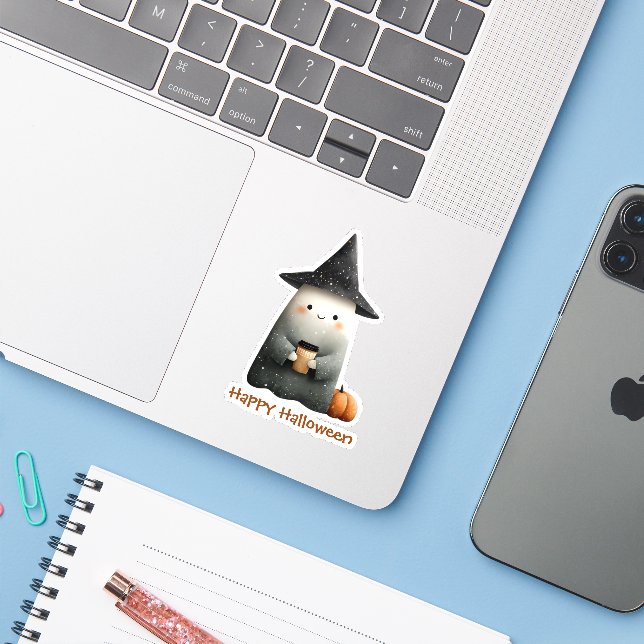 Cute Ghost with Coffee Halloween (Laptop w/ iPhone)