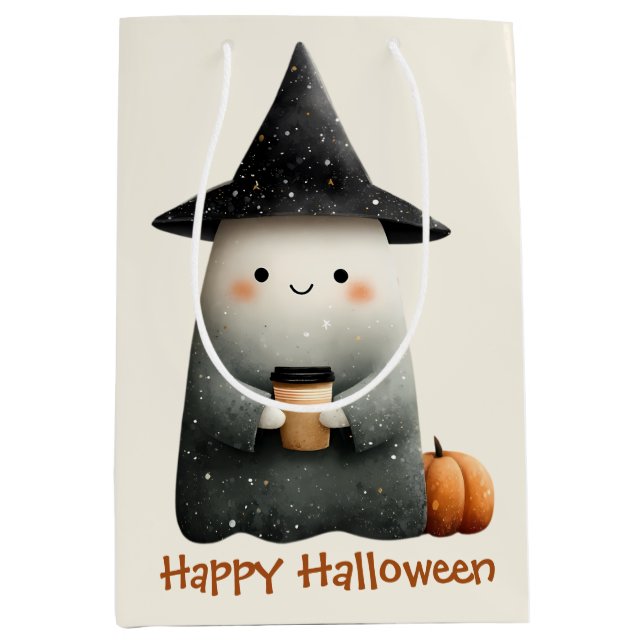 Cute Ghost with Coffee Halloween Medium Gift Bag (Front)