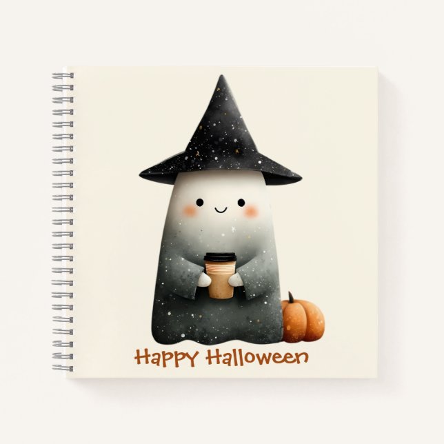 Cute Ghost with Coffee Halloween Notebook (Front)