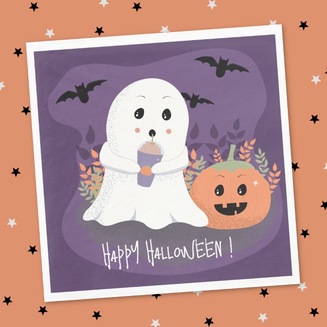 Cute Ghost With Cold Pumpkin Spice Latte Napkins (Cute ghost with cold pumpkin latte Halloween paper napkin .)