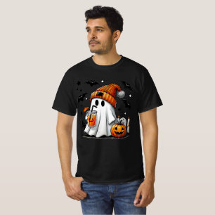 Cute Ghost with Drink and Pumpkin Art T-Shirt