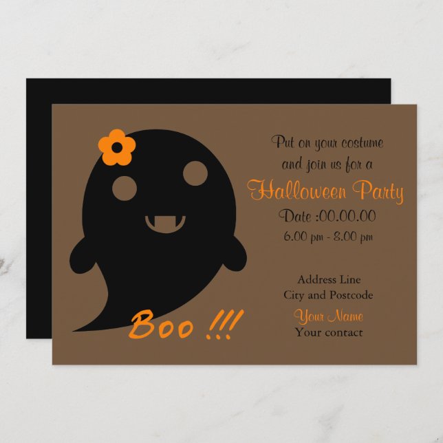 Cute  Ghost With Flower And Word "Boo" Invitation (Front/Back)