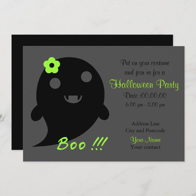 Cute  Ghost With Flower And Word "Boo" Invitation (Front/Back)