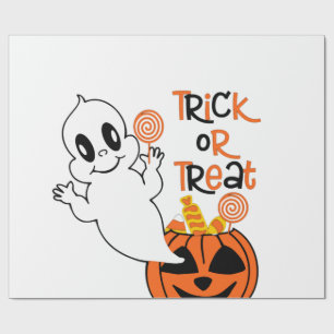 Cute ghost with halloween candy wrapping paper