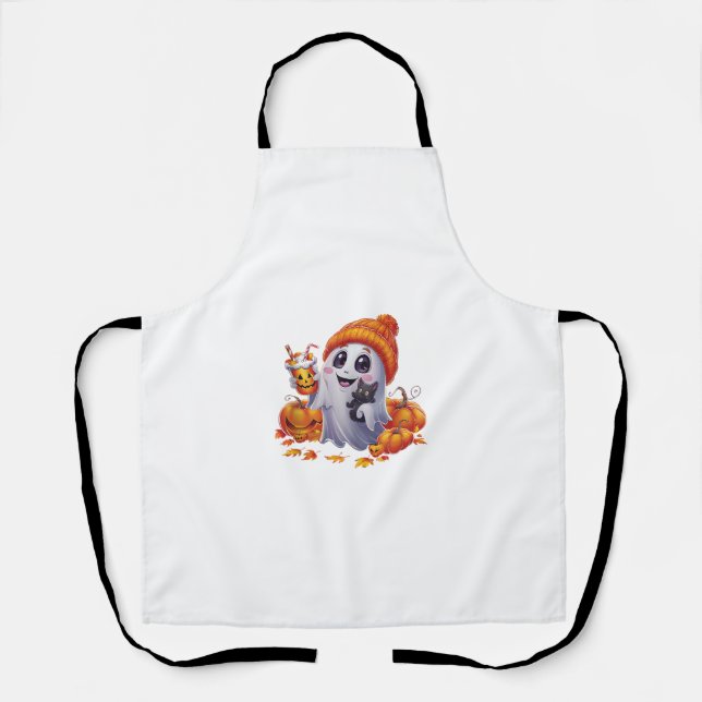 Cute Ghost with Kitten and Pumpkin Halloween Cat L Apron (Front)