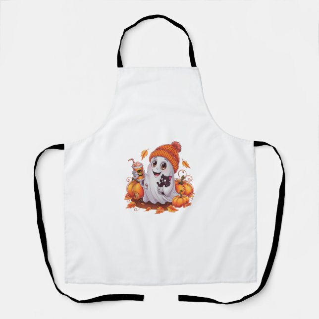 Cute Ghost with Kitten and Pumpkin Halloween Cat L Apron (Front)