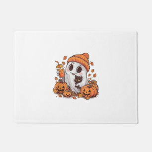 Cute Ghost with Kitten and Pumpkin Halloween Cat L Doormat