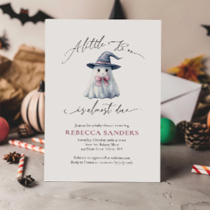 Cute Ghost with Pink Bow & Witch Hat Baby Shower Invitation
