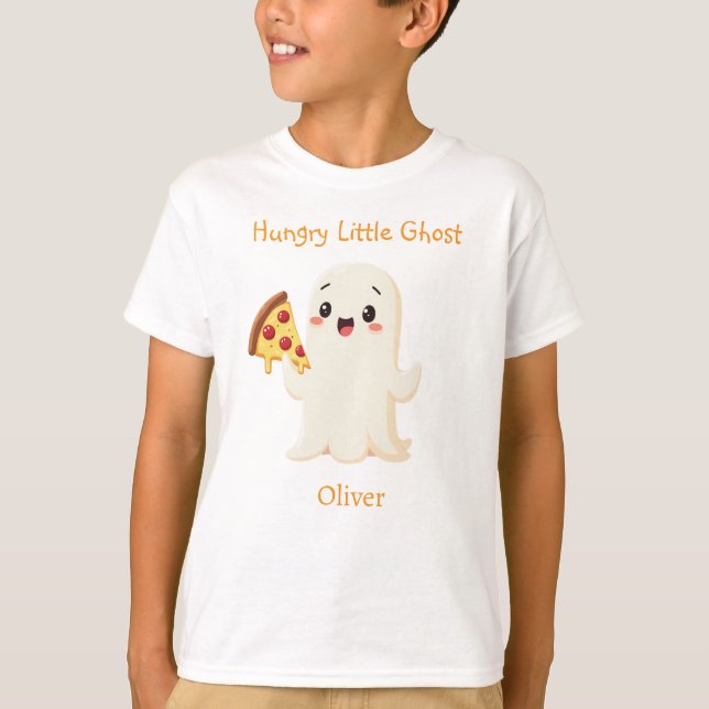 Cute Ghost with Pizza.Funny Halloween.Personalised T-Shirt (Front)