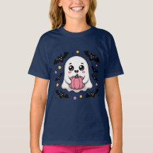 Cute Ghost with Pumpkin and Bats