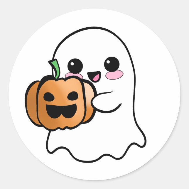 Cute Ghost with Pumpkin Classic Round Sticker (Front)