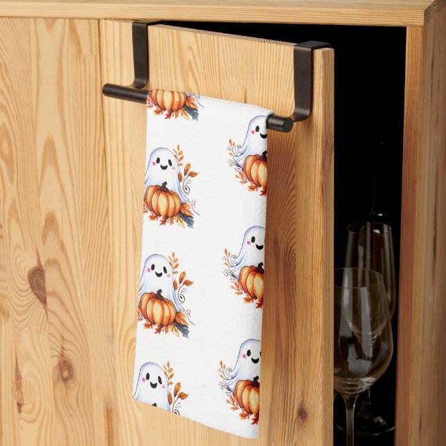 Cute Ghost with Pumpkin Design Kitchen Towel (Thirds Fold)