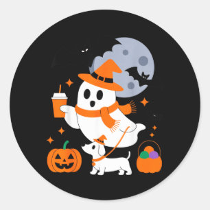 Cute Ghost With Pumpkin Dog For Halloween Fun Classic Round Sticker