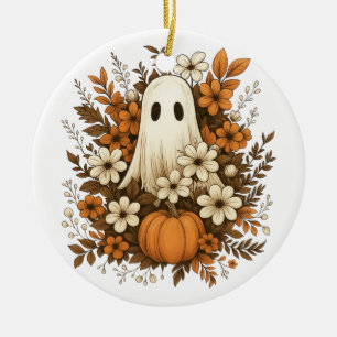 Cute Ghost With Pumpkin & Fall Flowers – Halloween Ceramic Ornament