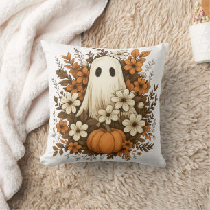 Cute Ghost With Pumpkin & Fall Flowers – Halloween Cushion