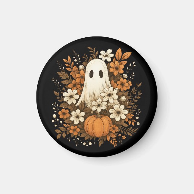 Cute Ghost With Pumpkin & Fall Flowers – Halloween Magnet (Front)