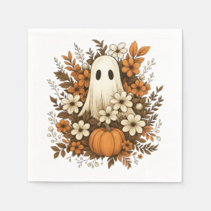 Cute Ghost With Pumpkin & Fall Flowers – Halloween Napkin