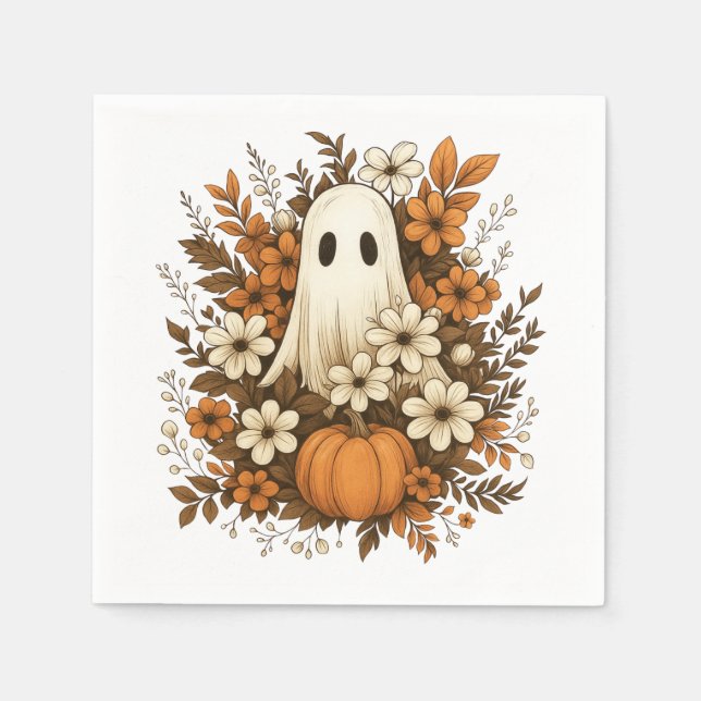 Cute Ghost With Pumpkin & Fall Flowers – Halloween Napkin (Front)